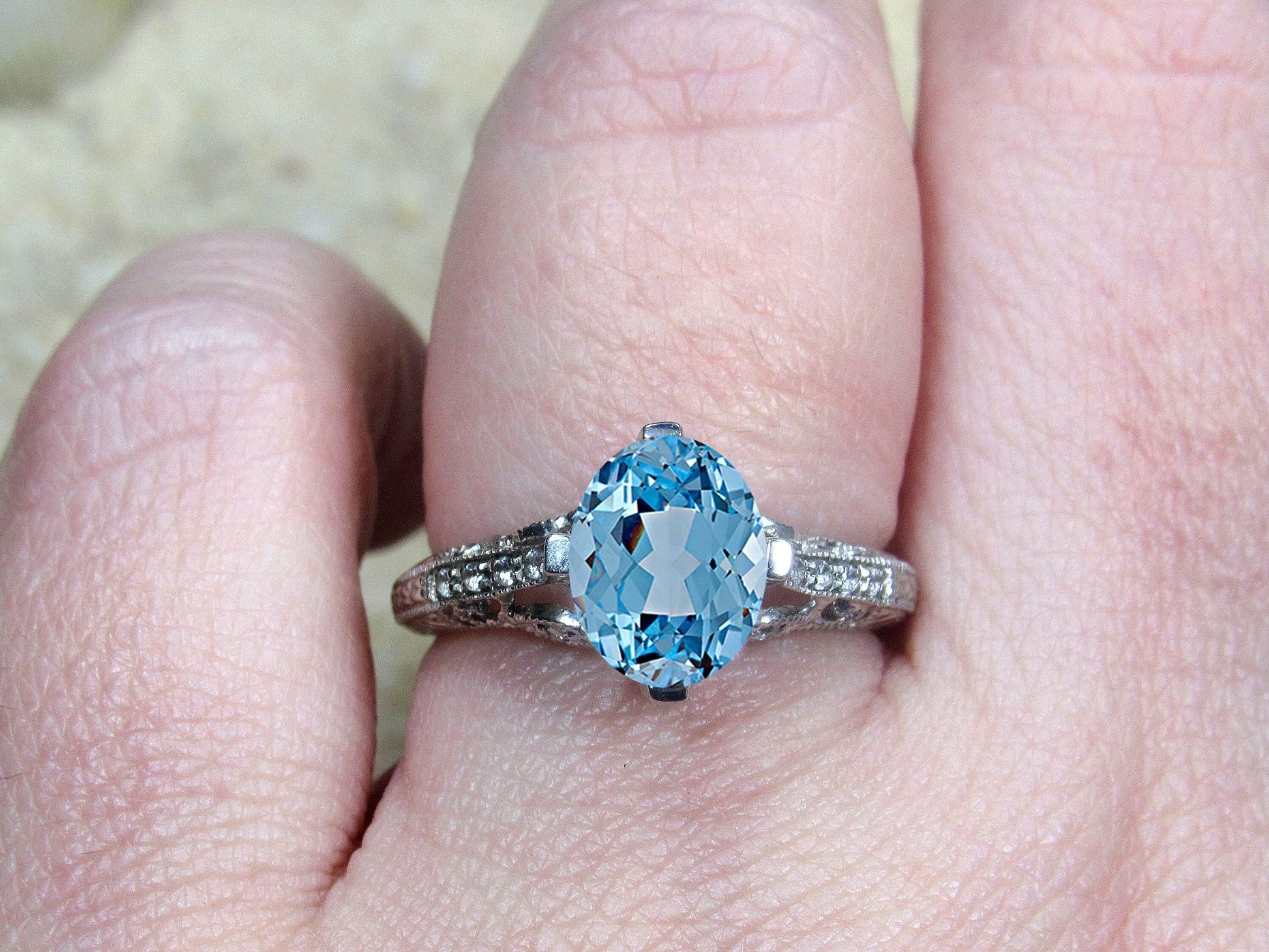 Light Blue Spinel Engagement Ring, Vintage Filigree Ring, 3ct Oval 9x7mm, Dionysus, Blue Spinel Ring,White-Yellow-Rose Gold-14k-18k-Platinum BellaMoreDesign.com