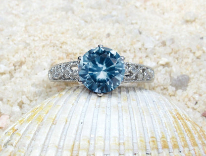 Light Blue Spinel Vintage Diamonds Engagement Ring Round Antique Filigree Milgrain Polymnia 2ct 8mm White-Yellow-Rose Gold-10k-14k-18k-Plat BellaMoreDesign.com