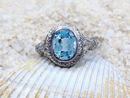Light Blue Spinel Vintage Engagement Ring Oval Antique Style Bezel Set Chevron Filigree Kore 3ct 9x7mm White-Yellow-Rose Gold-10-14k-18k-Plt BellaMoreDesign.com