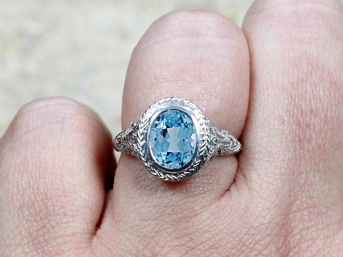 Light Blue Spinel Vintage Engagement Ring Oval Antique Style Bezel Set Chevron Filigree Kore 3ct 9x7mm White-Yellow-Rose Gold-10-14k-18k-Plt BellaMoreDesign.com