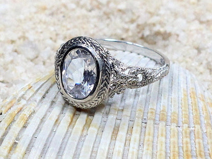 Light Blue Spinel Vintage Engagement Ring Oval Antique Style Bezel Set Chevron Filigree Kore 3ct 9x7mm White-Yellow-Rose Gold-10-14k-18k-Plt BellaMoreDesign.com