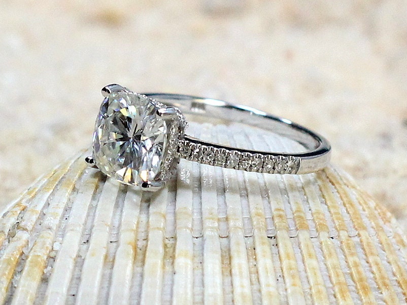 Moissanite Cushion & Diamonds Basket prongs Engagement Ring Theia Grand 2.4ct 8mm  Ready To Ship Today Custom White Gold-10k BellaMoreDesign.com