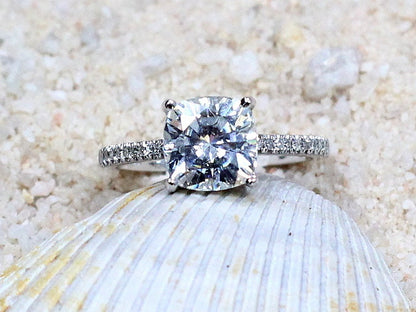 Moissanite Cushion & Diamonds Basket prongs Engagement Ring Theia Grand 2.4ct 8mm  Ready To Ship Today Custom White Gold-10k BellaMoreDesign.com