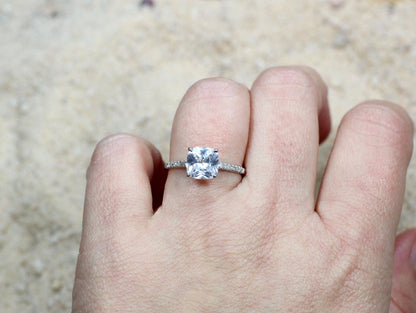 Moissanite Diamond Engagement Ring, Cushion Half Eternity ring, Pistis 2ct 8mm Custom White-Yellow-Rose Gold-10k-14k-18k-Platinum BellaMoreDesign.com