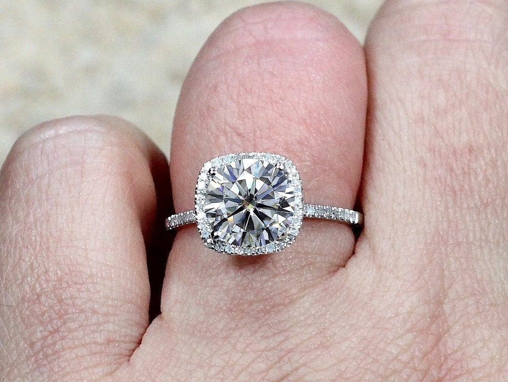 Moissanite Diamond Engagement Ring, Cushion Halo Moissanite Ring, Cuscino, 2ct, 8mm, Promise Ring, Gift for Her BellaMoreDesign.com