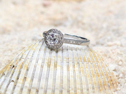 Moissanite Diamond Engagement Ring, Simulated Diamond ring, Channel Halo Round Nyx .50ct 5mm Custom Size White-Yellow-Rose Gold-Platinum BellaMoreDesign.com