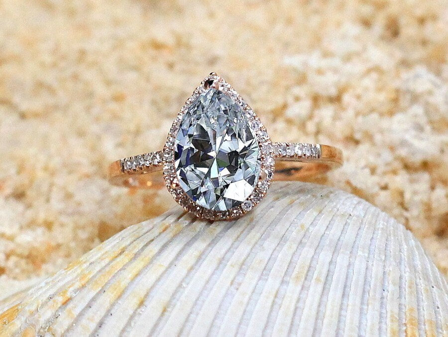 Moissanite & Diamonds Engagement Ring Set,Diamond Pear Halo,Wedding Band Set,Goccia,2.5ct Ring,White-Yellow-Rose Gold-10k-14k-18k-Platinum BellaMoreDesign.com