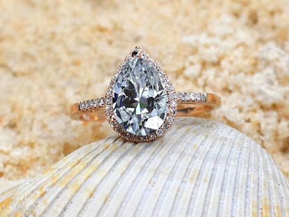 Moissanite & Diamonds Engagement Ring Set,Diamond Pear Halo,Wedding Band Set,Goccia,2.5ct Ring,White-Yellow-Rose Gold-10k-14k-18k-Platinum BellaMoreDesign.com