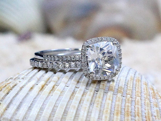 Moissanite Diamonds Engagement Ring Set,Wedding Band,Cushion Halo Ring,Cuscino,2.4ct Ring,White Yellow Rose Gold 10k 14k Platinum 8mm BellaMoreDesign.com