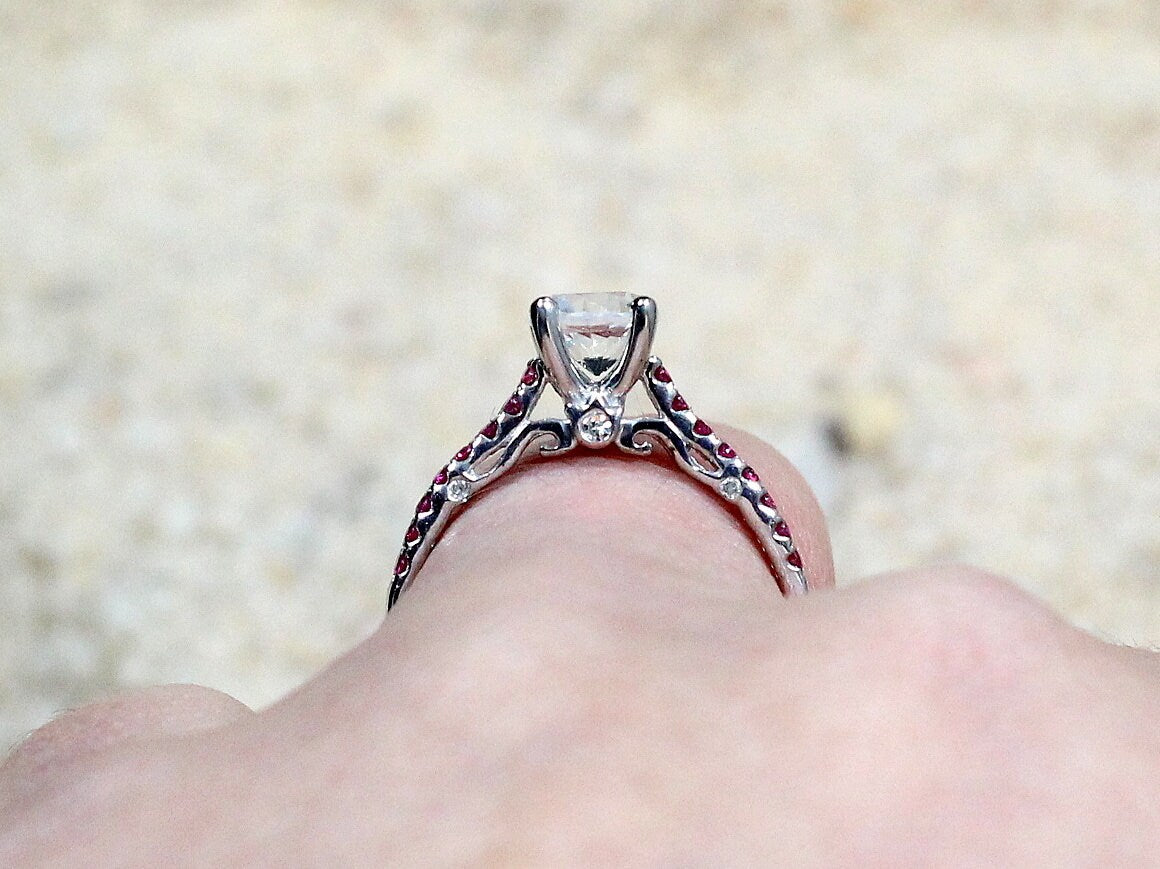 Moissanite Engagement Ring, Ruby double rows ring, round swirl gallery ring, diamond alternative ring, Artemis, 1ct, 6mm BellaMoreDesign.com