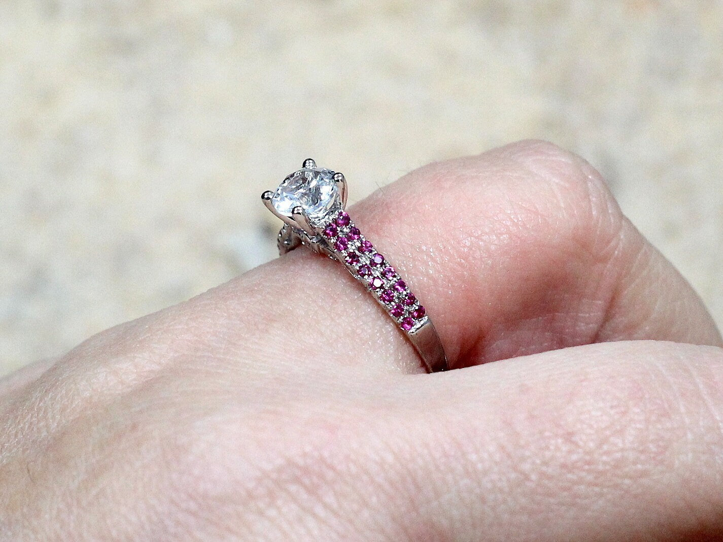 Moissanite Engagement Ring, Ruby double rows ring, round swirl gallery ring, diamond alternative ring, Artemis, 1ct, 6mm BellaMoreDesign.com