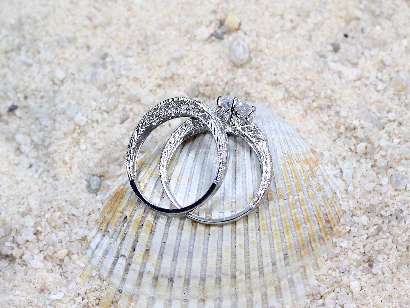Moissanite Engagement Ring Set,Antique Ring,Filigree Ring Set,Diamond Wedding Band Set,Milgrain Ring,Polymnia,2ct Ring BellaMoreDesign.com