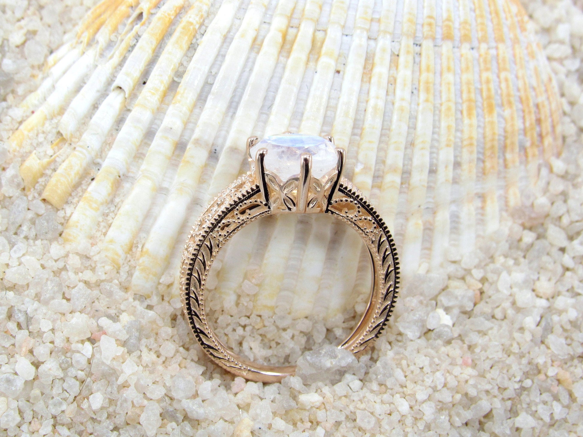 Moonstone Engagement Ring Antique Style Polymnia MIlgrain Filigree Round Vintage 2ct 8mm Custom White-Yellow-Rose Gold-10k-14k-18k-Plt BellaMoreDesign.com