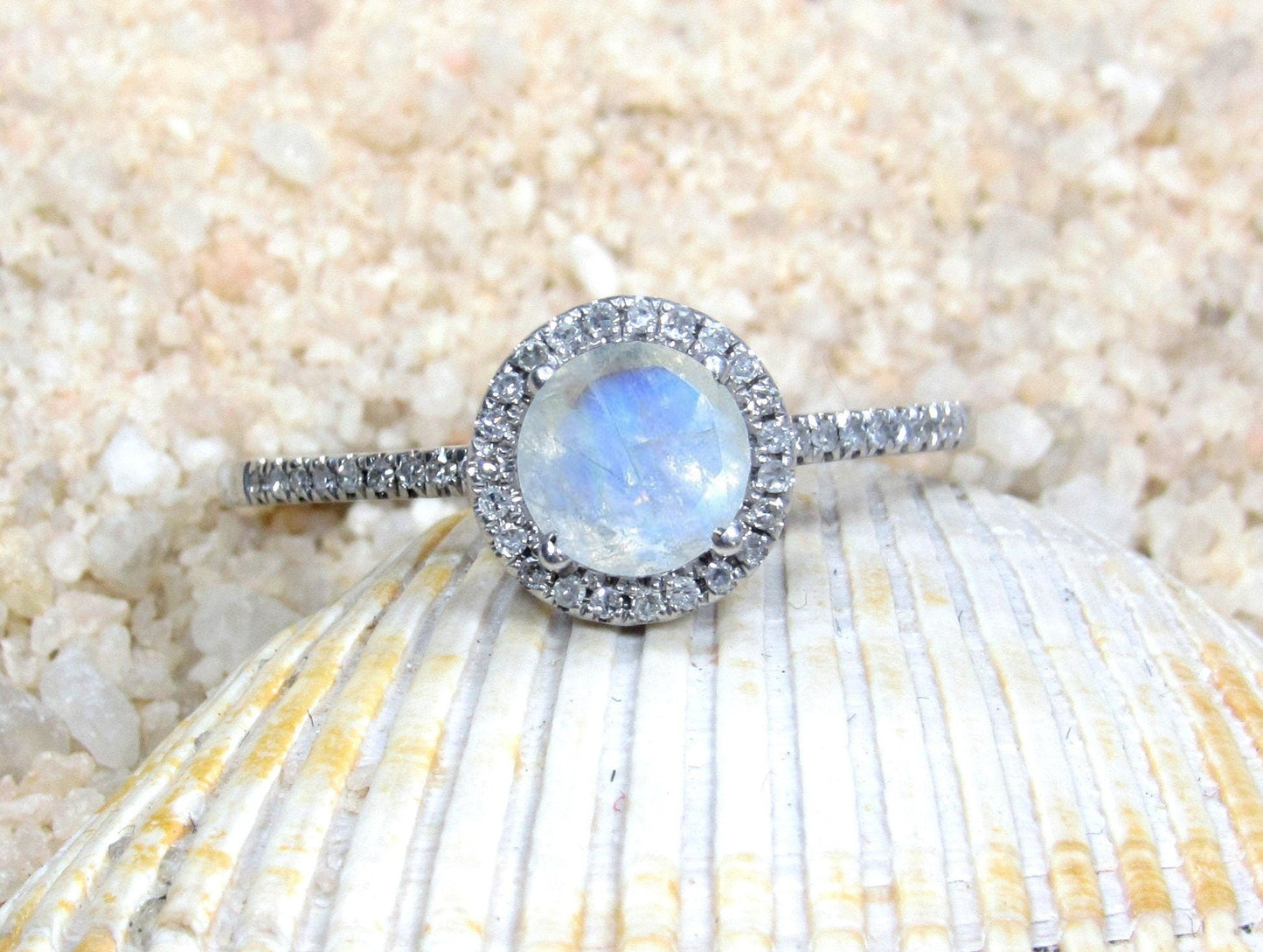 Moonstone Engagement Ring, Round Diamonds Halo Ring, Moon stone Ring, Pricus, 1ct Ring,White Gold-Yellow Gold-Rose Gold Ring, 6mm BellaMoreDesign.com