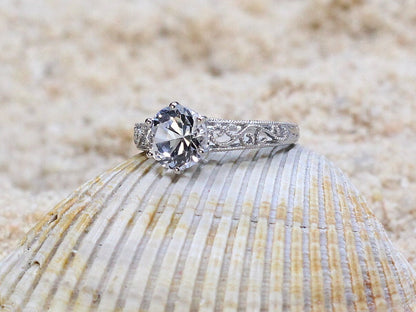 Natural White Sapphire  Engagement Ring,Antique Ring,Filigree Ring,Milgrain Ring,Polymnia,Vintage Ring,White Sapphire Ring,1.5ct 7mm BellaMoreDesign.com