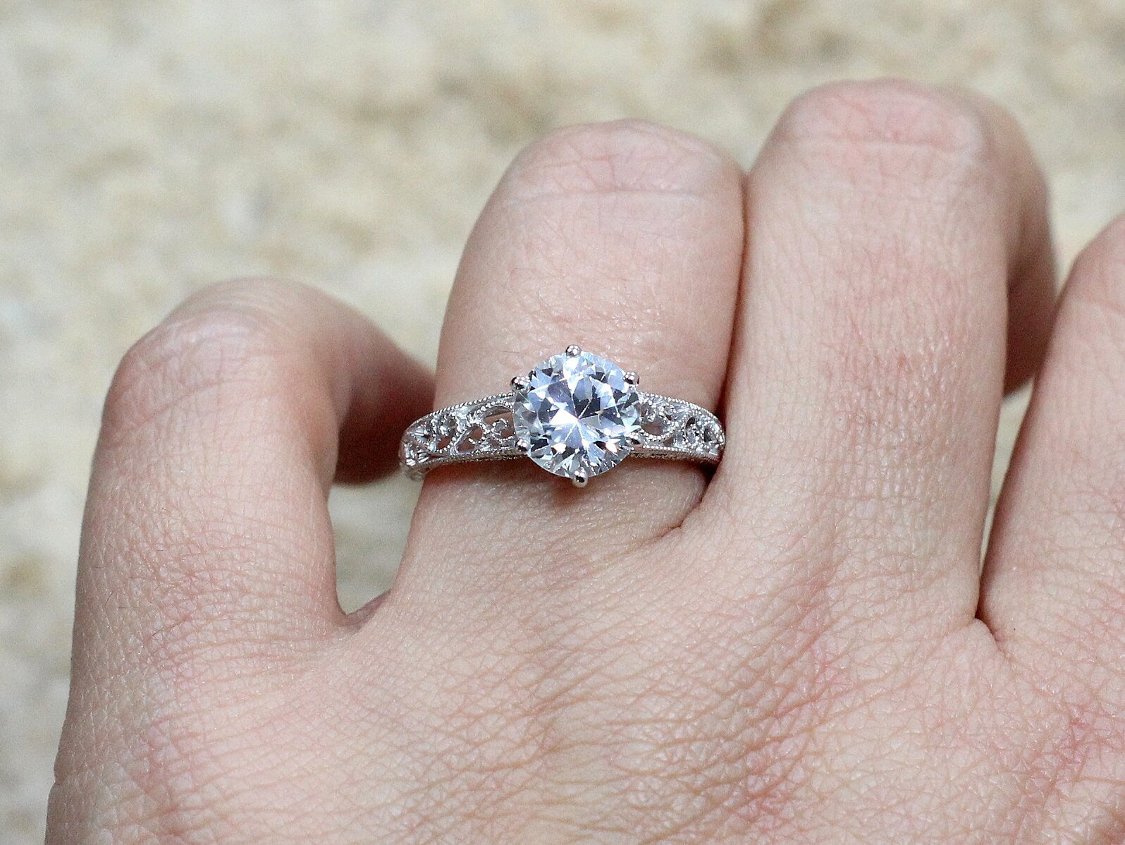 Natural White Sapphire  Engagement Ring,Antique Ring,Filigree Ring,Milgrain Ring,Polymnia,Vintage Ring,White Sapphire Ring,1.5ct 7mm BellaMoreDesign.com