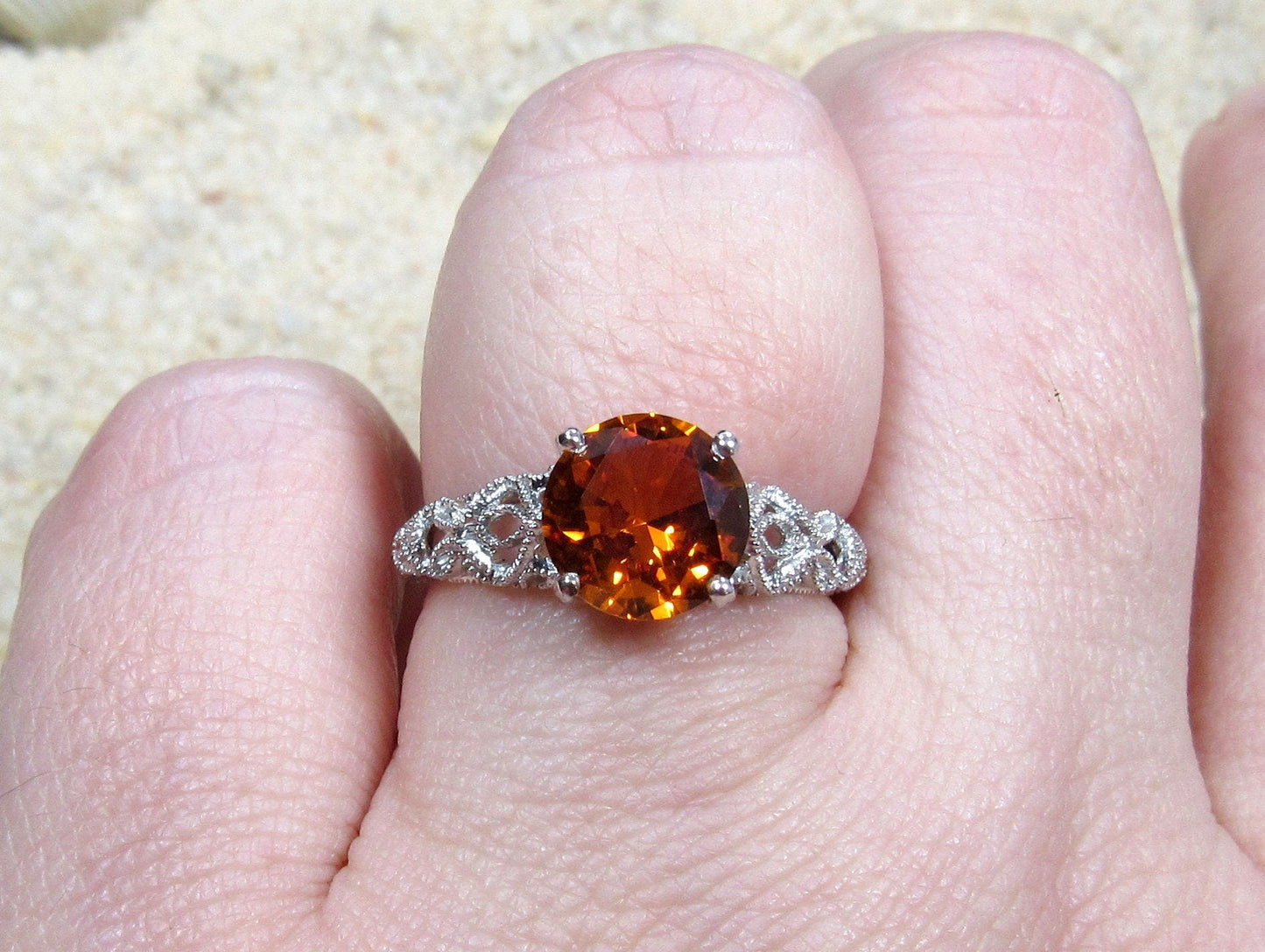 Orange Sapphire Engagement Ring,Orange Sapphire Ring,Vintage Ring,Antique Ring,Filigree Ring,Andromeda,2cts 8mm,Sapphire Ring BellaMoreDesign.com