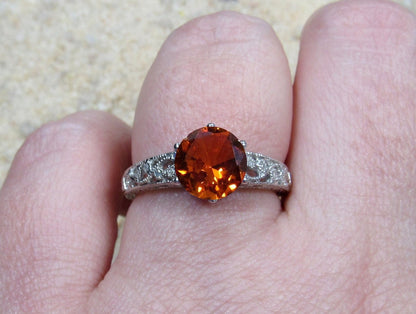 Padparadscha Orange Sapphire Engagement Ring, Diamond shank ring, Vintage, Antique, Filigree, Polymnia,Promise Ring,Gift For Her BellaMoreDesign.com