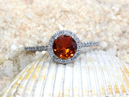 Padparadscha Sapphire Engagement Ring, Orange Ring, Round Diamonds Halo Ring, Pricus, 1ct Ring,White Gold-Yellow Gold-Rose Gold Ring, 6mm BellaMoreDesign.com