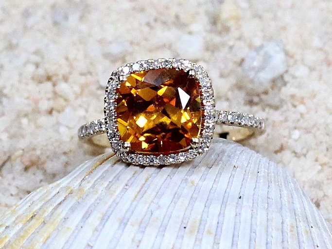 Padparadscha Sapphire Engagement Ring set, Wedding Band, Promise Ring,Cushion Cut Sapphire, Diamond Halo, Cuscino, 3ct, 8mm BellaMoreDesign.com