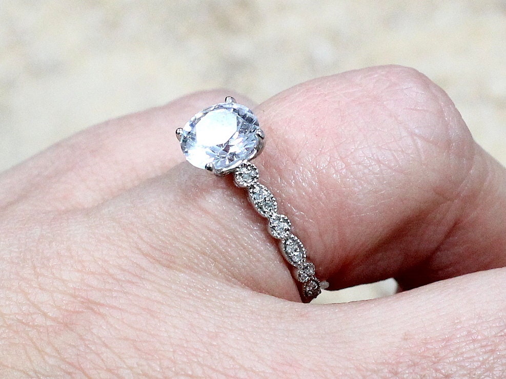 Peach Sapphire & Diamonds Engagement Ring Almost Eternity Bezel Leaf Round cut Aeolus 2ct 8mm Custom White-Yellow-Rose Gold-10k-14k-18k-Plat BellaMoreDesign.com