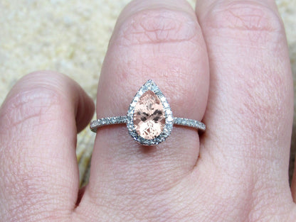 Peach Sapphire & Diamonds Pear Halo Engagement Ring Helena 1ct 7x5mm Custom Size White-Yellow-Rose Gold-10k-14k-18k-Platinum BellaMoreDesign.com