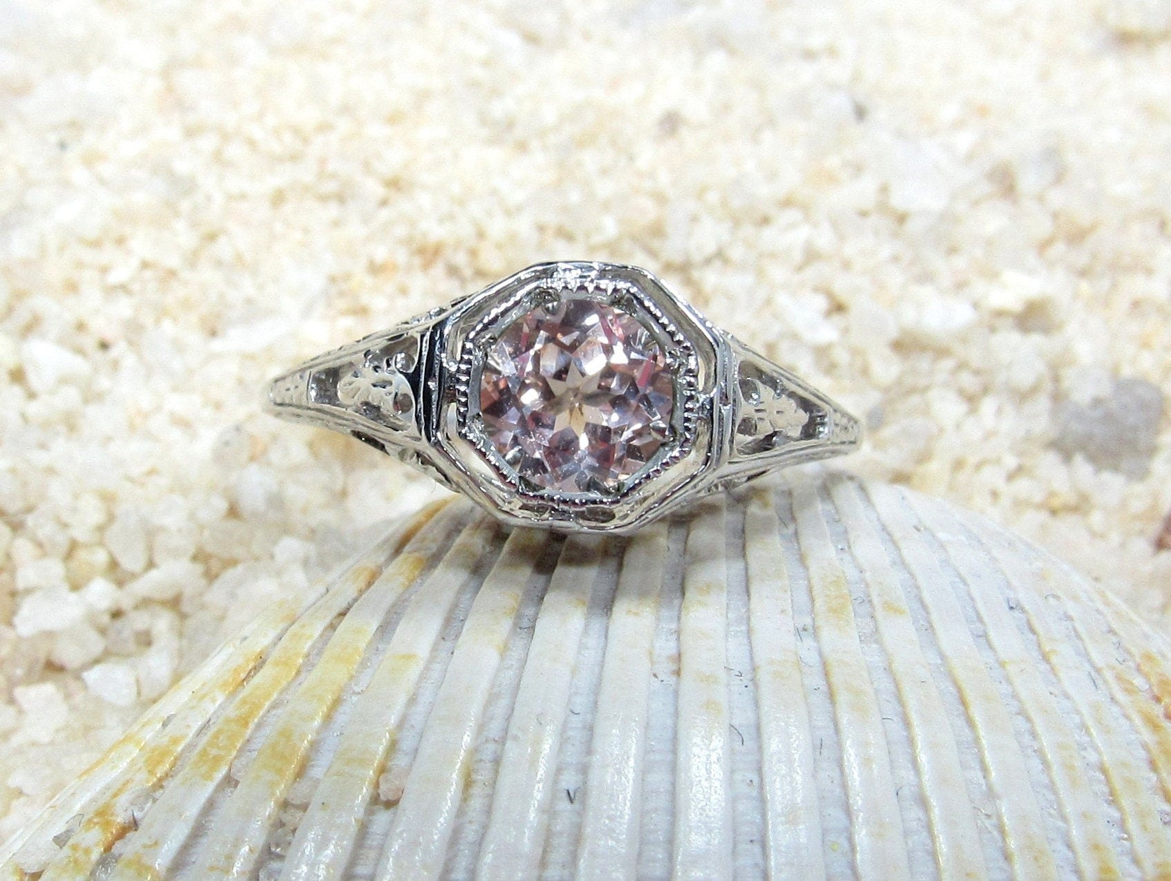 Peach Sapphire Engagement Ring,Antique Ring,Filigree Ring,Kassandra, .75ct 5mm,Sapphire Ring,White Sapphire Ring BellaMoreDesign.com