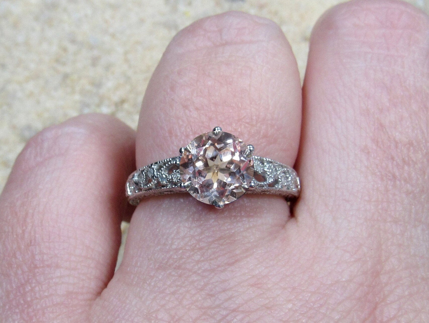 Peach Sapphire Engagement Ring, Diamond shank ring, Color Change,Vintage, Antique, Filigree, Polymnia,Promise Ring,Gift For Her BellaMoreDesign.com