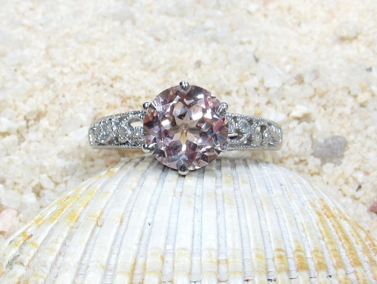 Peach Sapphire Engagement Ring, Diamond shank ring, Color Change,Vintage, Antique, Filigree, Polymnia,Promise Ring,Gift For Her BellaMoreDesign.com