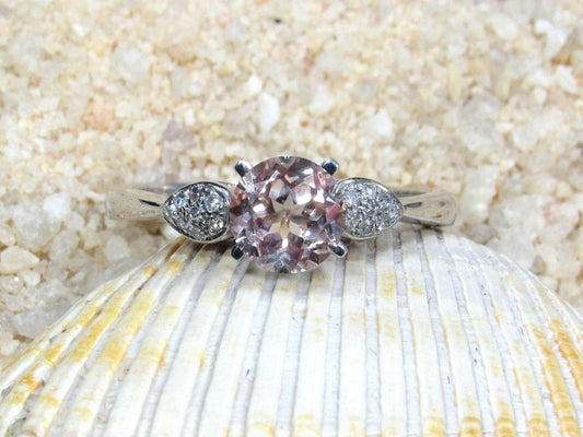 Peach Sapphire Engagement Ring, Round Diamonds Cluster Leaf Ring, Hestia, 1ct, 6mm, Promise Ring, Gift For Her BellaMoreDesign.com