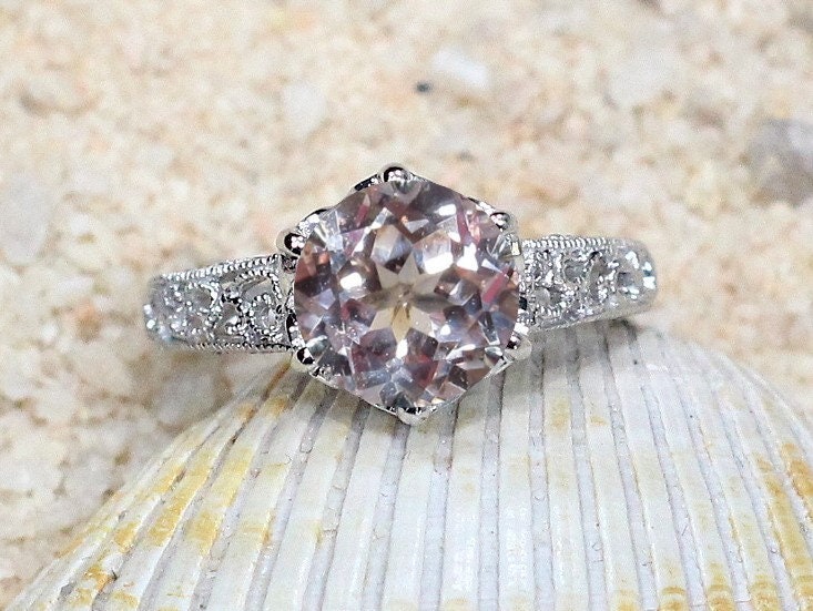 Peach Sapphire Engagement Ring, Vintage Ring, Filigree Ring, Miligrain Ring, Polymnia, 3ct Ring, White Sapphire Ring BellaMoreDesign.com