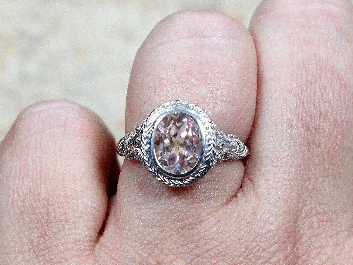 Peach Sapphire Vintage Engagement Ring Oval Antique Bezel Set