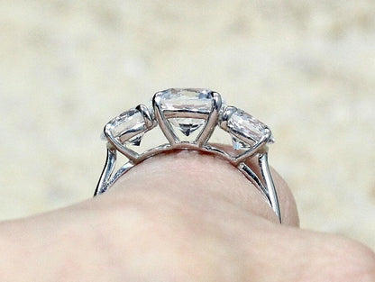 Peach White Sapphire Engagement Ring 3 Gem Stone Round Jubilee Grand 2ct 8mm 1ct 6mm Custom Size White-Yellow-Rose Gold-10k-14k-18k-Platinum BellaMoreDesign.com