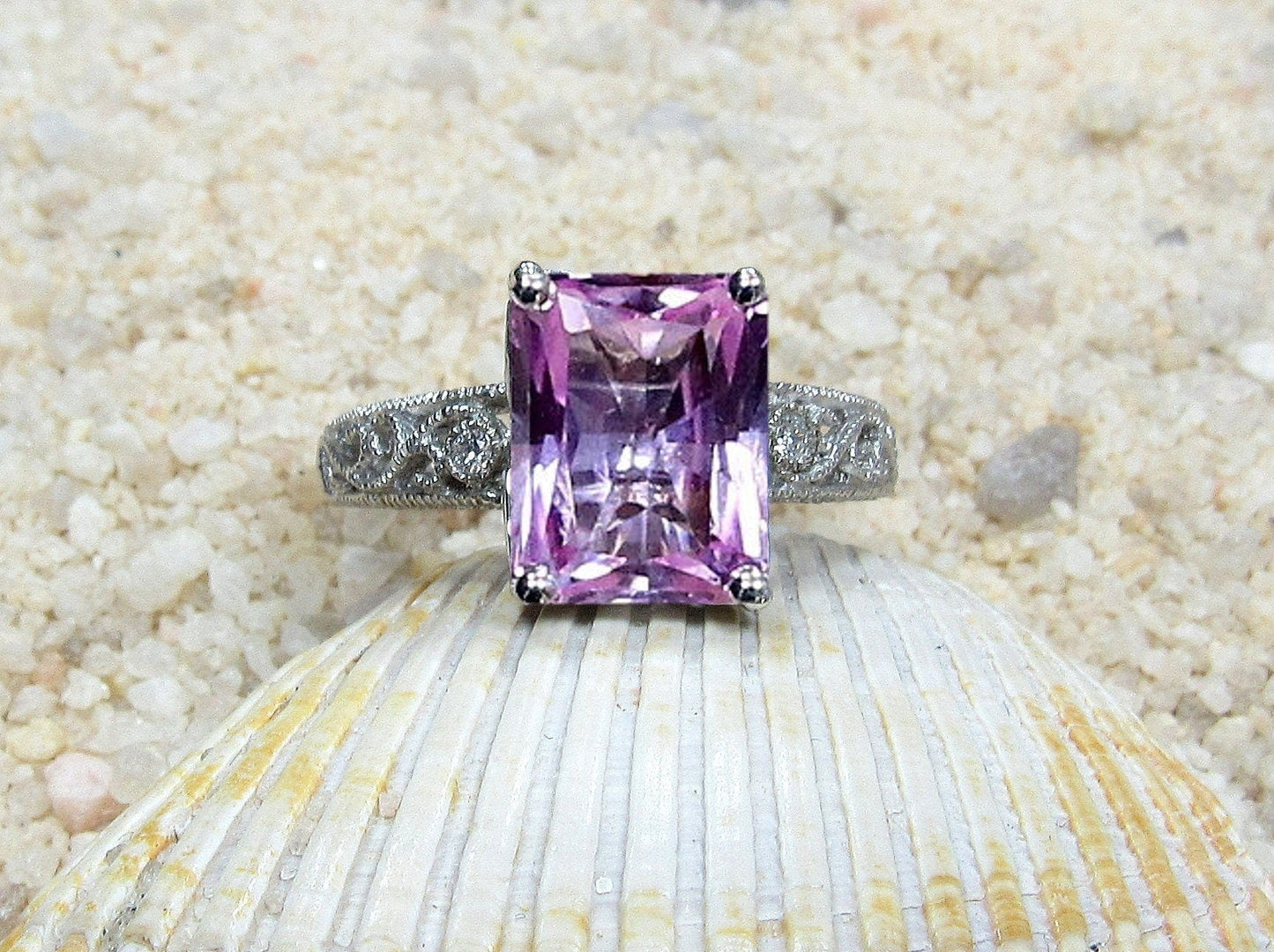Pink Emerald Cut Sapphire & Diamonds Engagement Ring, Vintage, Filigree, Milgrain, Polymnia, 4ct, 10x8mm, Birthstone BellaMoreDesign.com