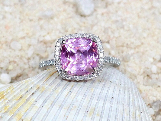 Pink Sapphire & Diamonds Cushion Halo Engagement Ring Cuscino Grand 3ct 8mm Custom Size White Yellow Rose Gold 10k 14k 18k Platinum BellaMoreDesign.com