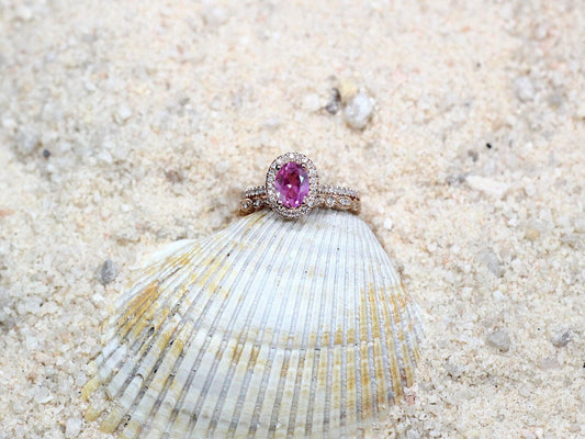 Pink Sapphire & Diamonds Engagement Ring Eternity leaf milgrain Wedding Band Set Ovale Aeolus 2ct 8x6mm White-Yellow-Rose Gold-14k-18k-Plat BellaMoreDesign.com