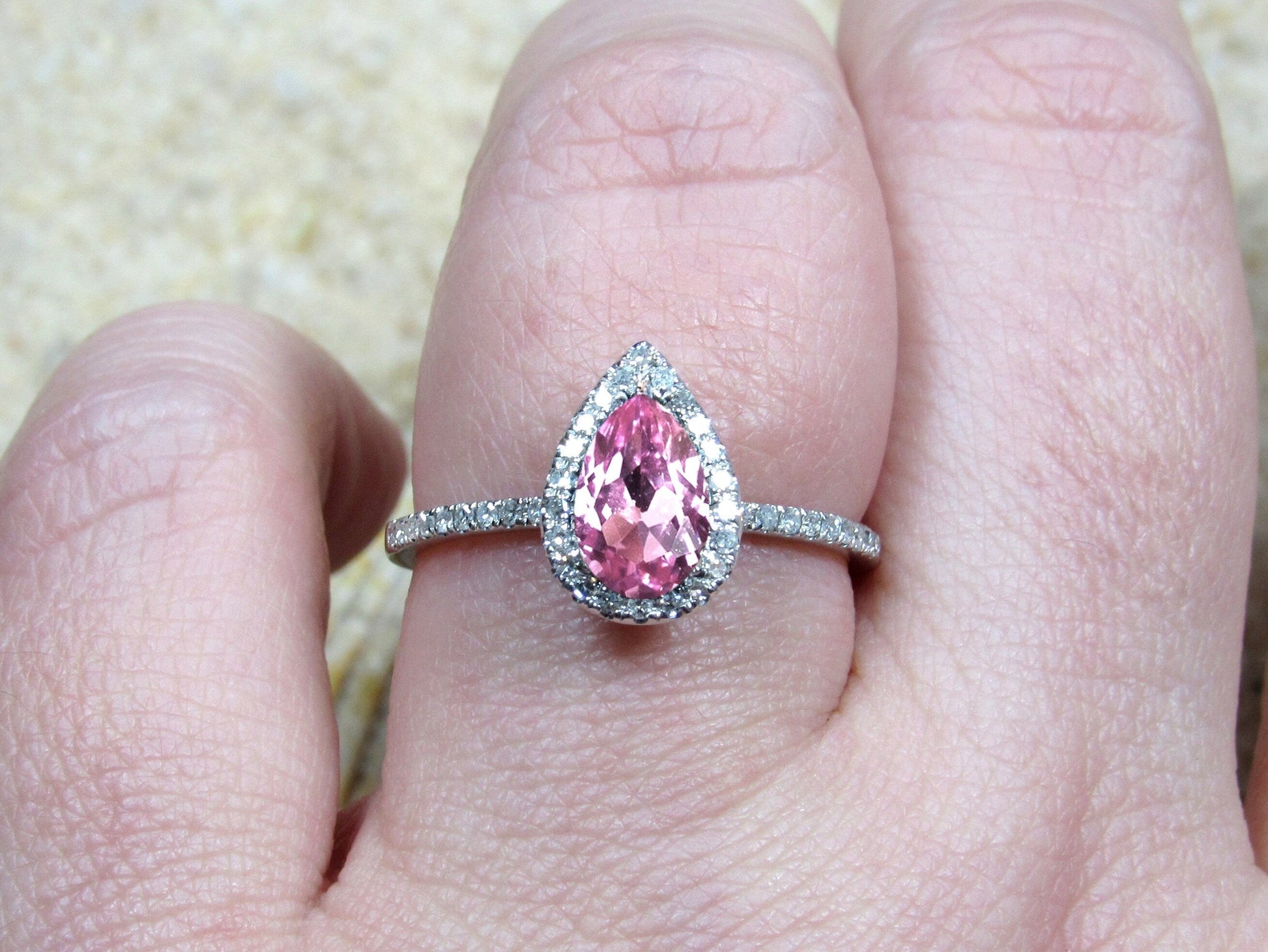 Pink Sapphire & Diamonds Engagement Ring Pear Halo Helena 1ct 7x5mm Custom Size White-Yellow-Rose Gold-10k-14k-18k-Platinum BellaMoreDesign.com