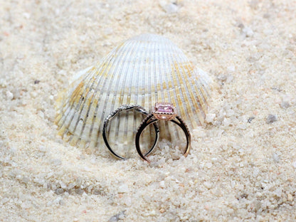 Pink Sapphire & Diamonds Halo Emerald Engagement Ring Wedding Band Set Hemera Infinite Love 2ct 8x6mm White-Yellow-Rose Gold-10k-14k-18k-Plt BellaMoreDesign.com