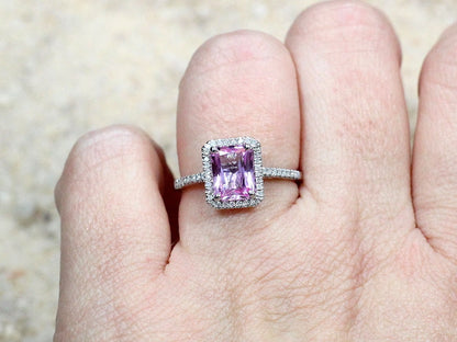 Pink Sapphire & Diamonds Halo Engagement Ring Emerald cut Hemera 2ct 8x6mm Custom Size White-Yellow-Rose Gold-10k-14k-18k-Platinum BellaMoreDesign.com