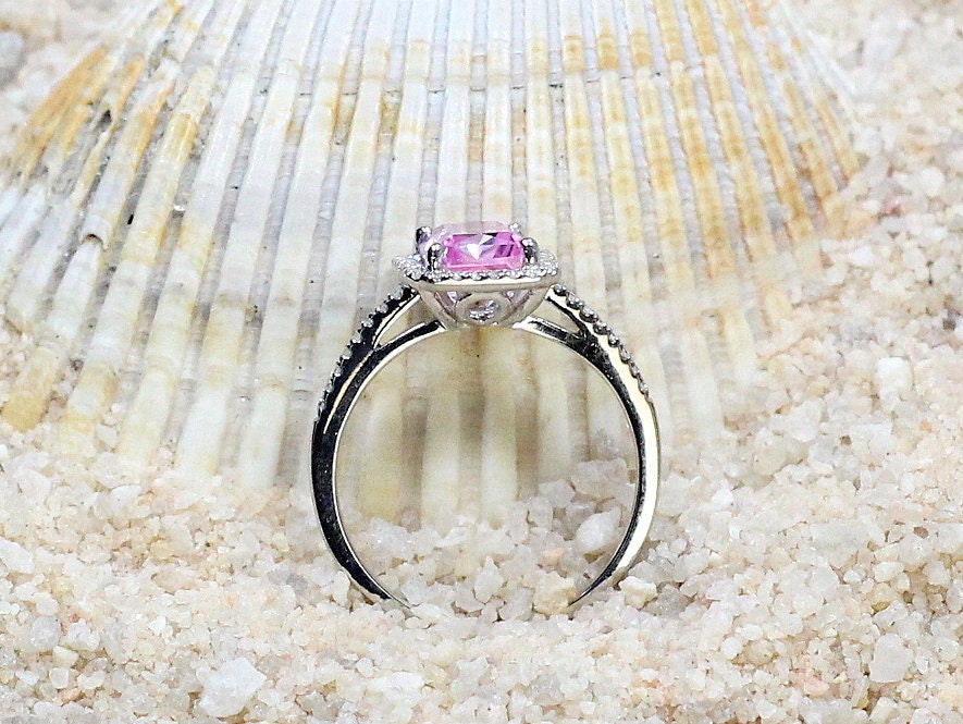 Pink Sapphire & Diamonds Halo Engagement Ring Emerald cut Hemera 2ct 8x6mm Custom Size White-Yellow-Rose Gold-10k-14k-18k-Platinum BellaMoreDesign.com
