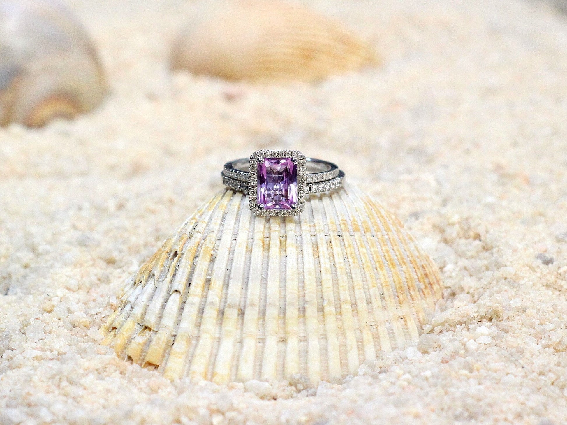 Pink Sapphire Enagement Ring Set, Diamond Emerald Halo, Ione, 2ct,wedding ring set,promise ring, gift ofr her BellaMoreDesign.com