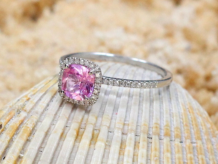 Pink Sapphire Engagement Ring,Cushion Halo Ring,Cuscino Petite,1ct Ring,Pink Sapphire Ring,White-Yellow-Rose Gold-10k-14k-18k-Plt BellaMoreDesign.com