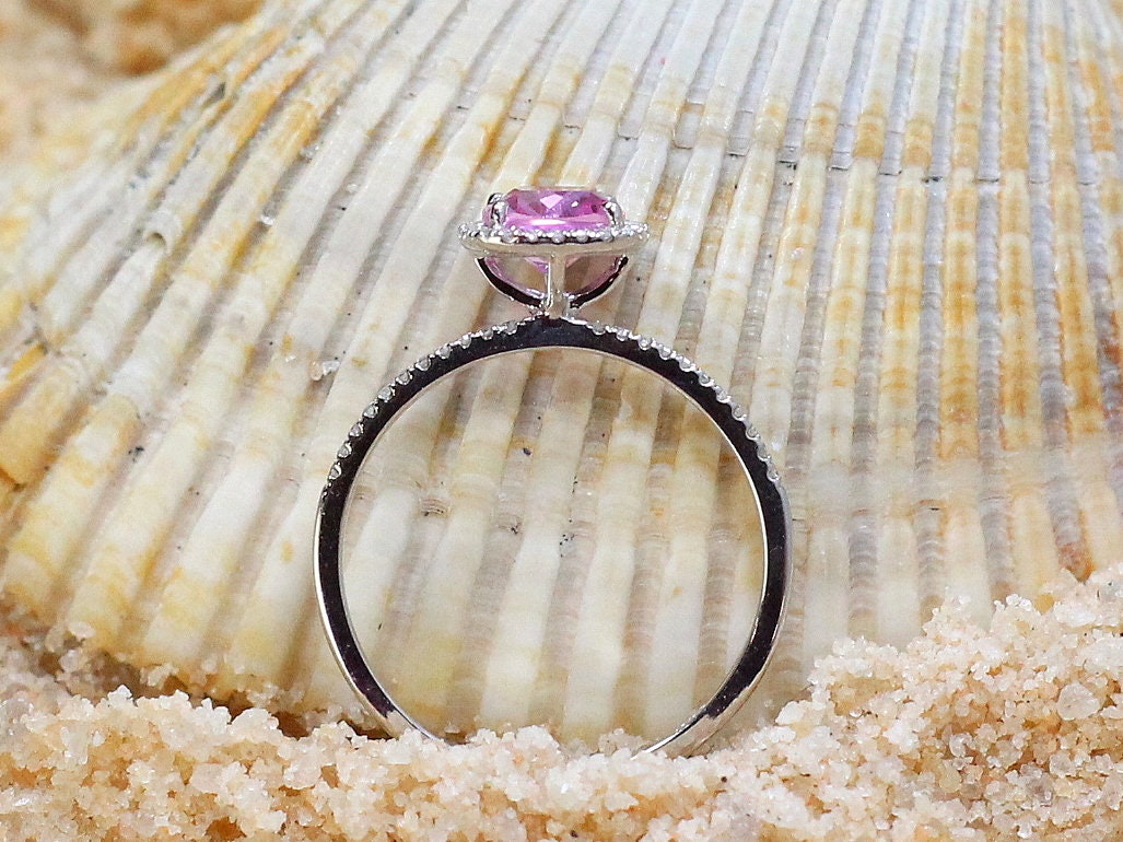 Pink Sapphire Engagement Ring,Cushion Halo Ring,Cuscino Petite,1ct Ring,Pink Sapphire Ring,White-Yellow-Rose Gold-10k-14k-18k-Plt BellaMoreDesign.com