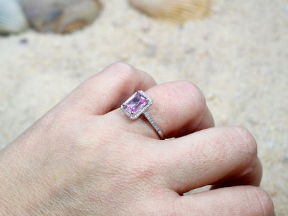 Pink Sapphire Engagement Ring, Emerald Halo, Ione, 2ct , Emerald Cut, Diamond Band BellaMoreDesign.com