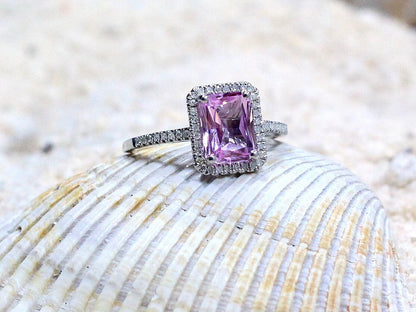 Pink Sapphire Engagement Ring,Emerald cut Halo,Ione, 2ct ,8x6mm, gift for her, promise ring BellaMoreDesign.com
