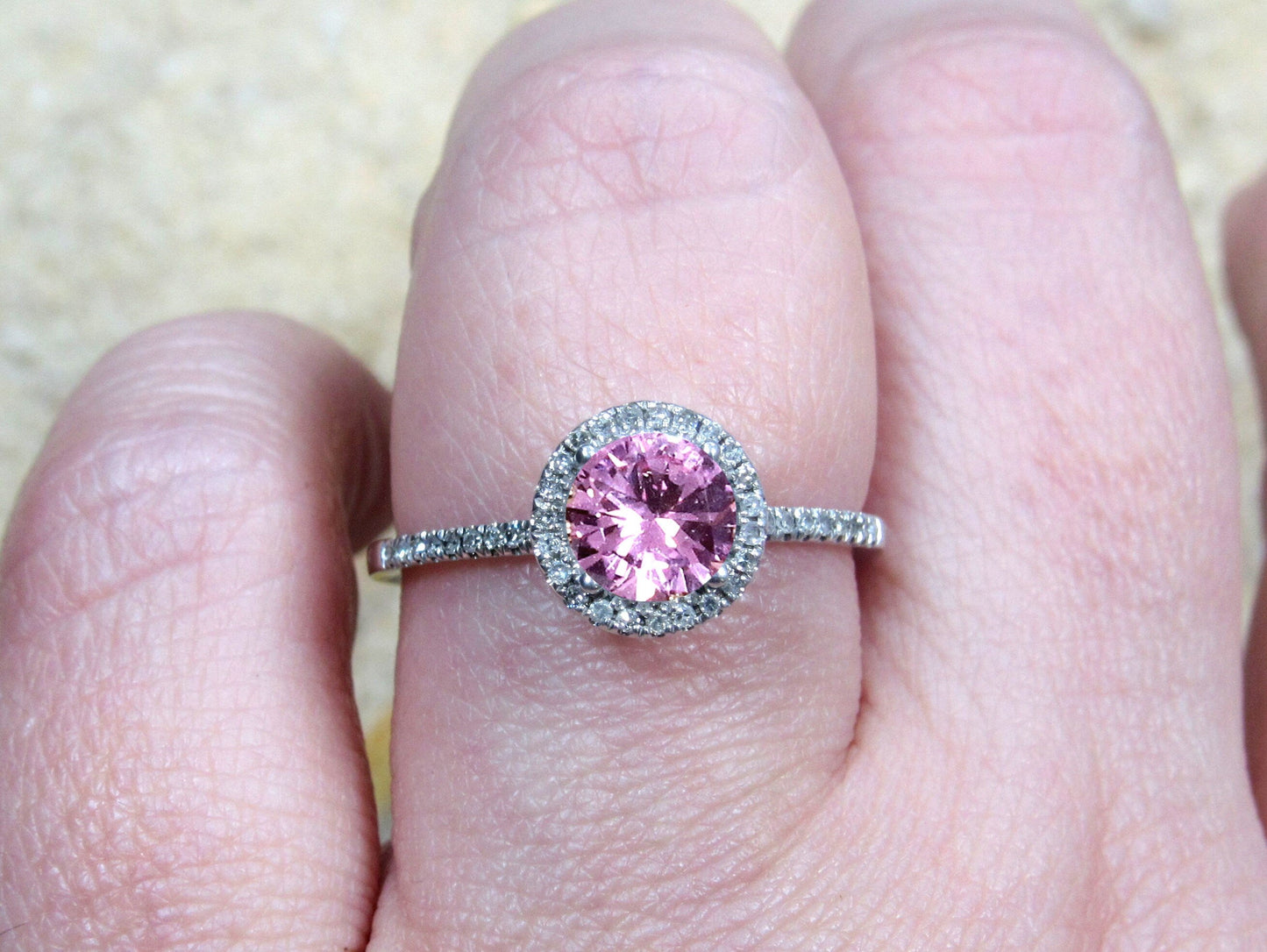 Pink Sapphire Engagement Ring, Pink Engagement Ring, Round Diamonds Halo Ring, Pricus, 1ct Ring,White Gold-Yellow Gold-Rose Gold Ring, 6mm BellaMoreDesign.com