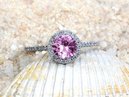Pink Sapphire Engagement Ring, Pink Engagement Ring, Round Diamonds Halo Ring, Pricus, 1ct Ring,White Gold-Yellow Gold-Rose Gold Ring, 6mm BellaMoreDesign.com