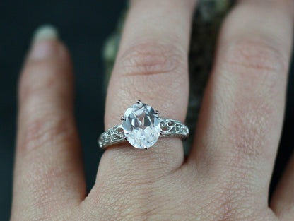 Pink Sapphire Engagement Ring, Pink Sapphire, Oval, Antique, Filigree, Milgrain, Polymnia, 3ct 9x7mm BellaMoreDesign.com