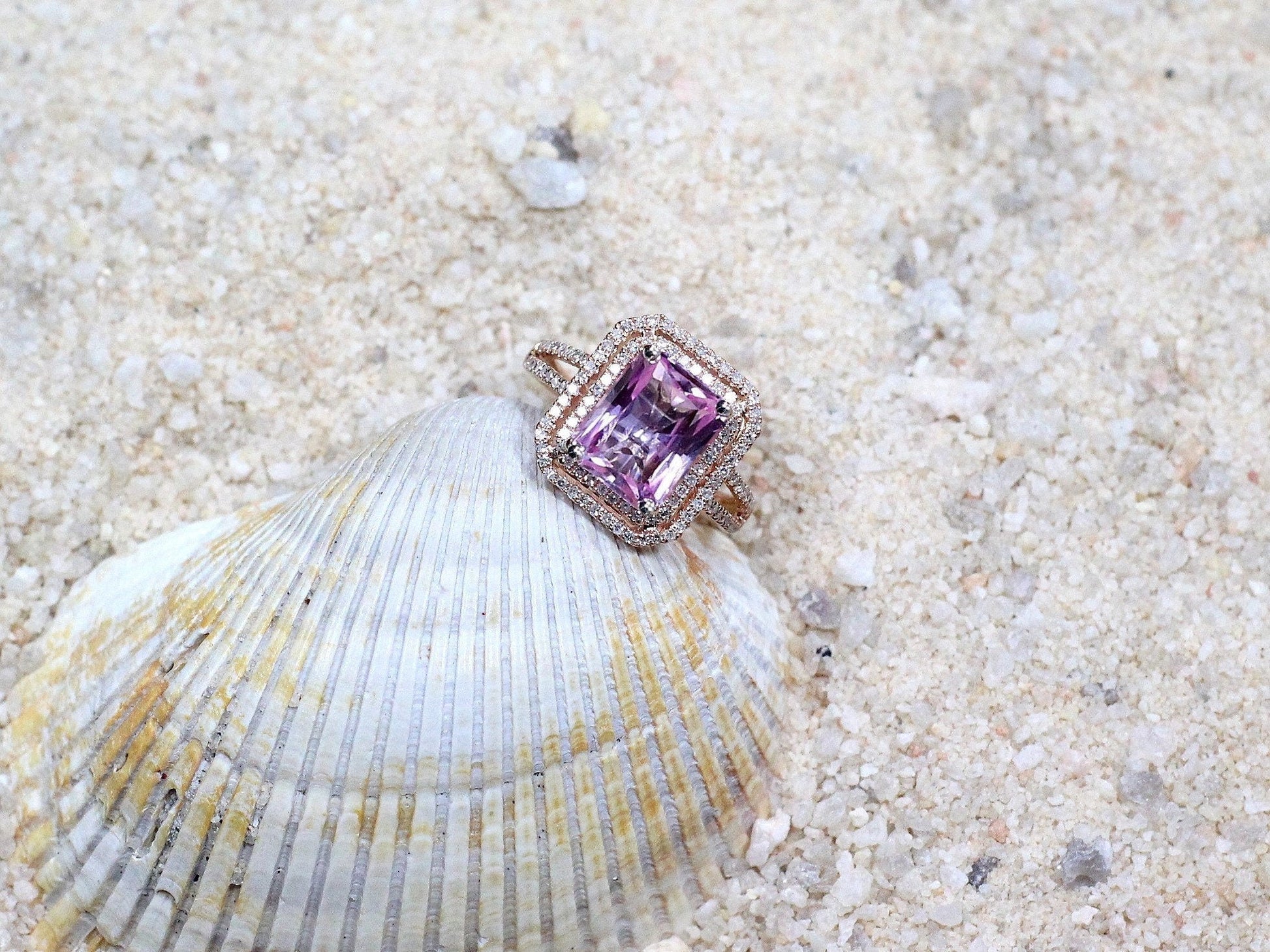 Pink Sapphire Engagement Ring,Radiant Double Halo, Belus, 4ct, 10x8mm BellaMoreDesign.com