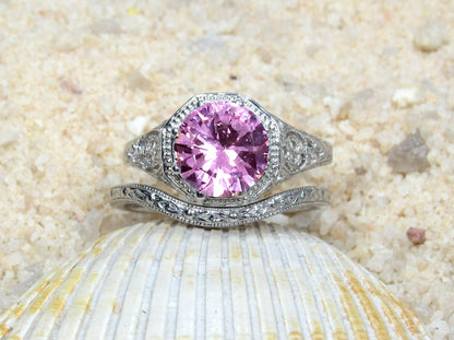 Pink Sapphire Engagement Ring,Sapphire Ring,White Sapphire Ring,Wedding Band Set,Vintage Ring,Antique Filigree Ring,Fides, 2ct 8mm BellaMoreDesign.com